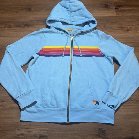 Aviator Nation Tops - Aviator Nation 5 Stripes Full Zip Hoodie Rainbow Sky Blue Unisex Large